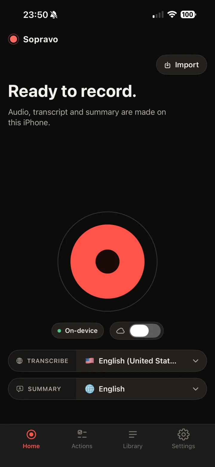 Sopravo home screen on iPhone — one tap to record, marked on-device with an optional iCloud backup toggle.