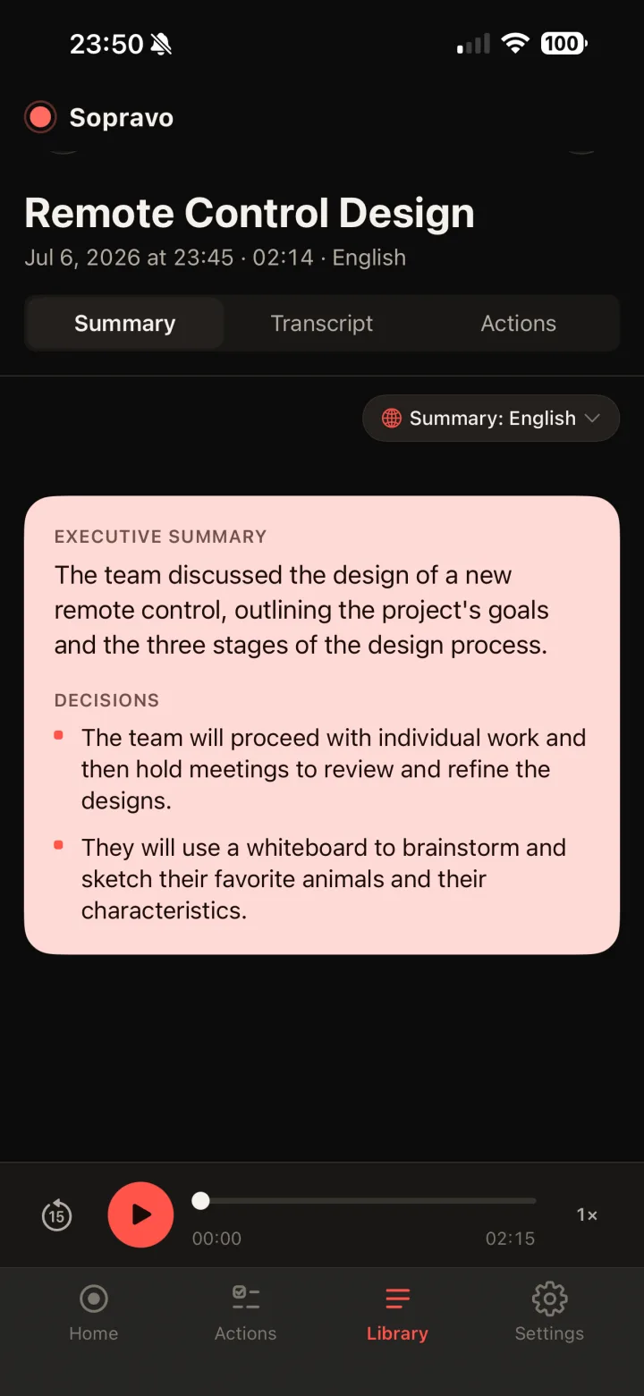 Sopravo meeting summary on iPhone — executive summary, decisions, and follow-ups, generated on-device.